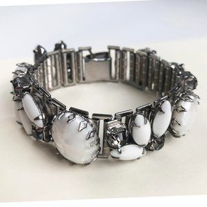 White rhinestone wide bracelet, accent silver mesh bracelet large fancy crystal